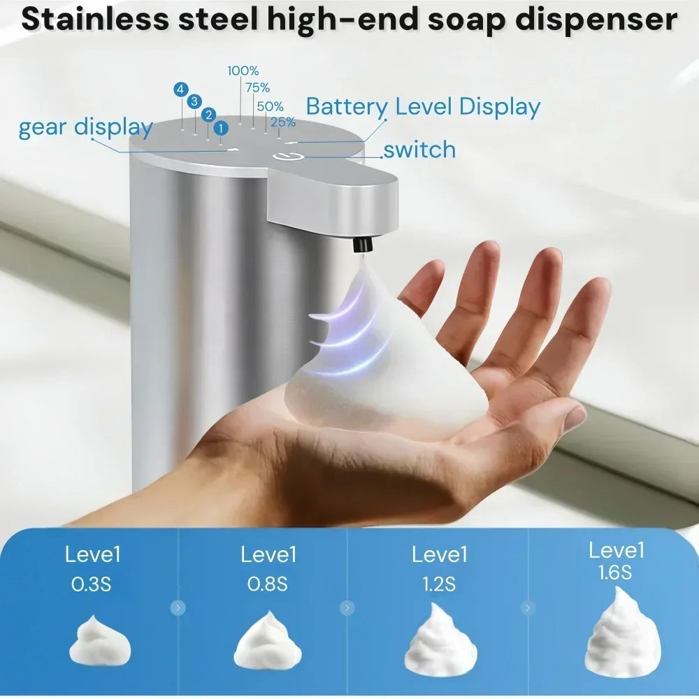 Rechargeable Automatic Soap Dispenser 360ml Stainless Steel Touchless IR SensorFoam Liquid for Bathroom Kitchen IPX5 Waterproof