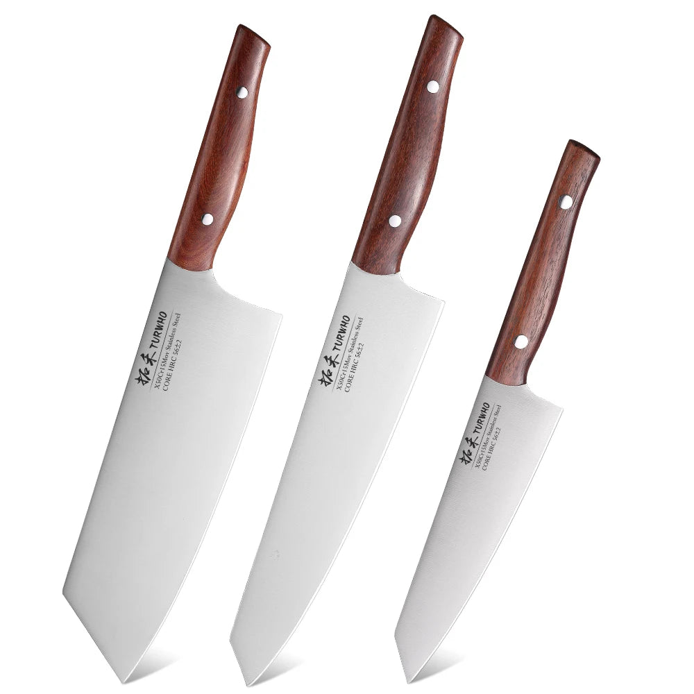 TURWHO 3PCS Kitchen Knives Set High Carbon X50Cr15MoV Stainless Steel Japanese Nakiri Cleaver Slicing Utility Chef Knife Sets