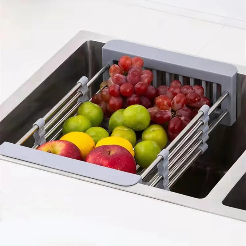 Kitchen Sink Drain Rack Stainless Steel Extendable Dish Drying Rack Drain basket Fruit Vegetable Washing Drainer Storage rack