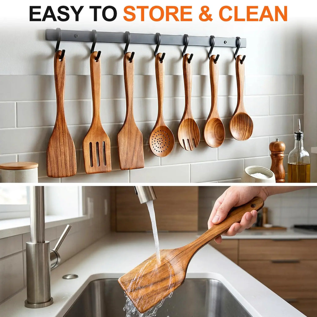 Kitchen 6/10 Pack Wooden Spoons for Cooking – Natural Teak Wooden Utensil Set, Easy to Clean, Durable, Smooth with Comfort Grip