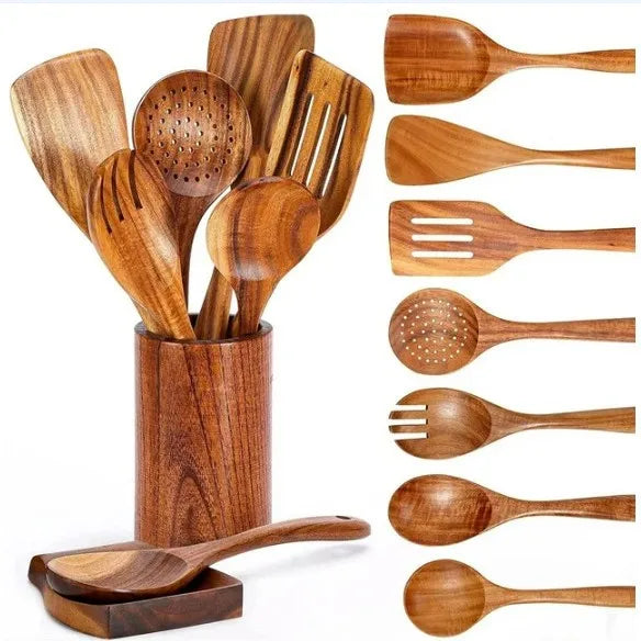 Kitchen 6/10 Pack Wooden Spoons for Cooking – Natural Teak Wooden Utensil Set, Easy to Clean, Durable, Smooth with Comfort Grip