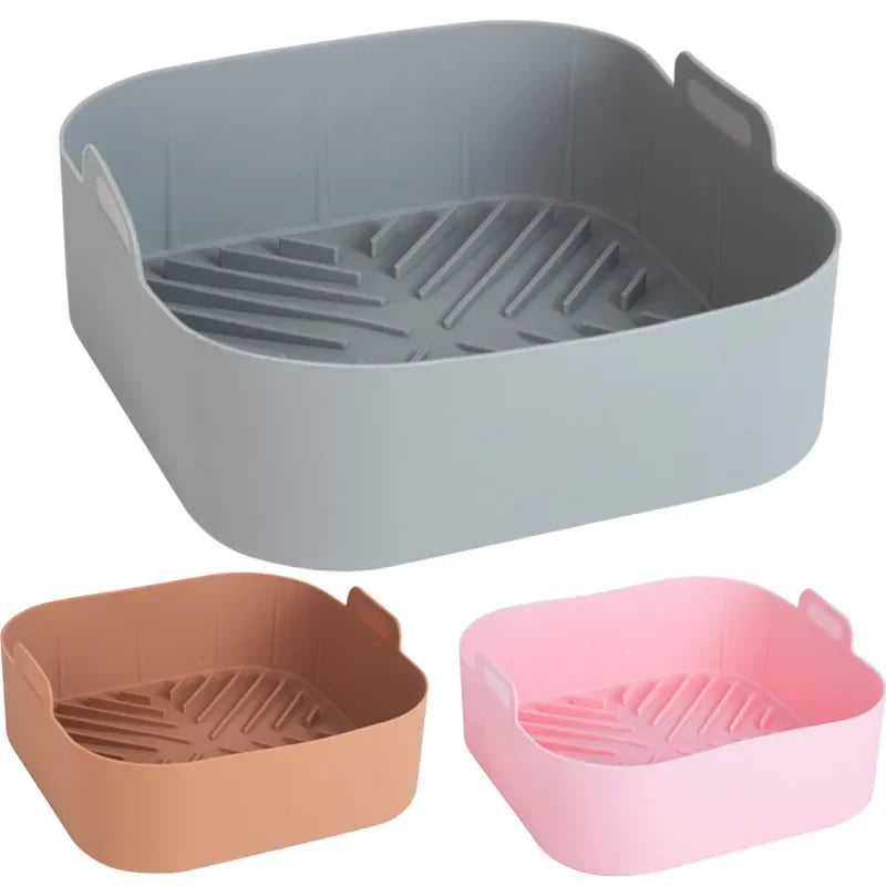 21CM Silicone Air Fryer Pot Tray BBQ Barbecue Pad Plate Airfryer Oven Baking Mold Pot Food Safe Reusable Square Air Fryer Pan
