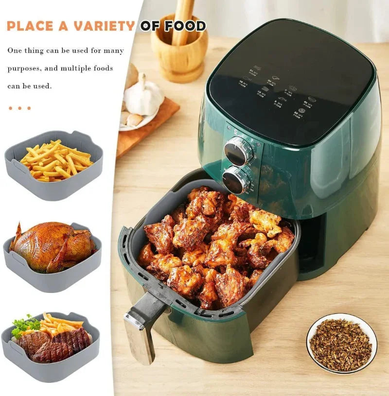 21CM Silicone Air Fryer Pot Tray BBQ Barbecue Pad Plate Airfryer Oven Baking Mold Pot Food Safe Reusable Square Air Fryer Pan