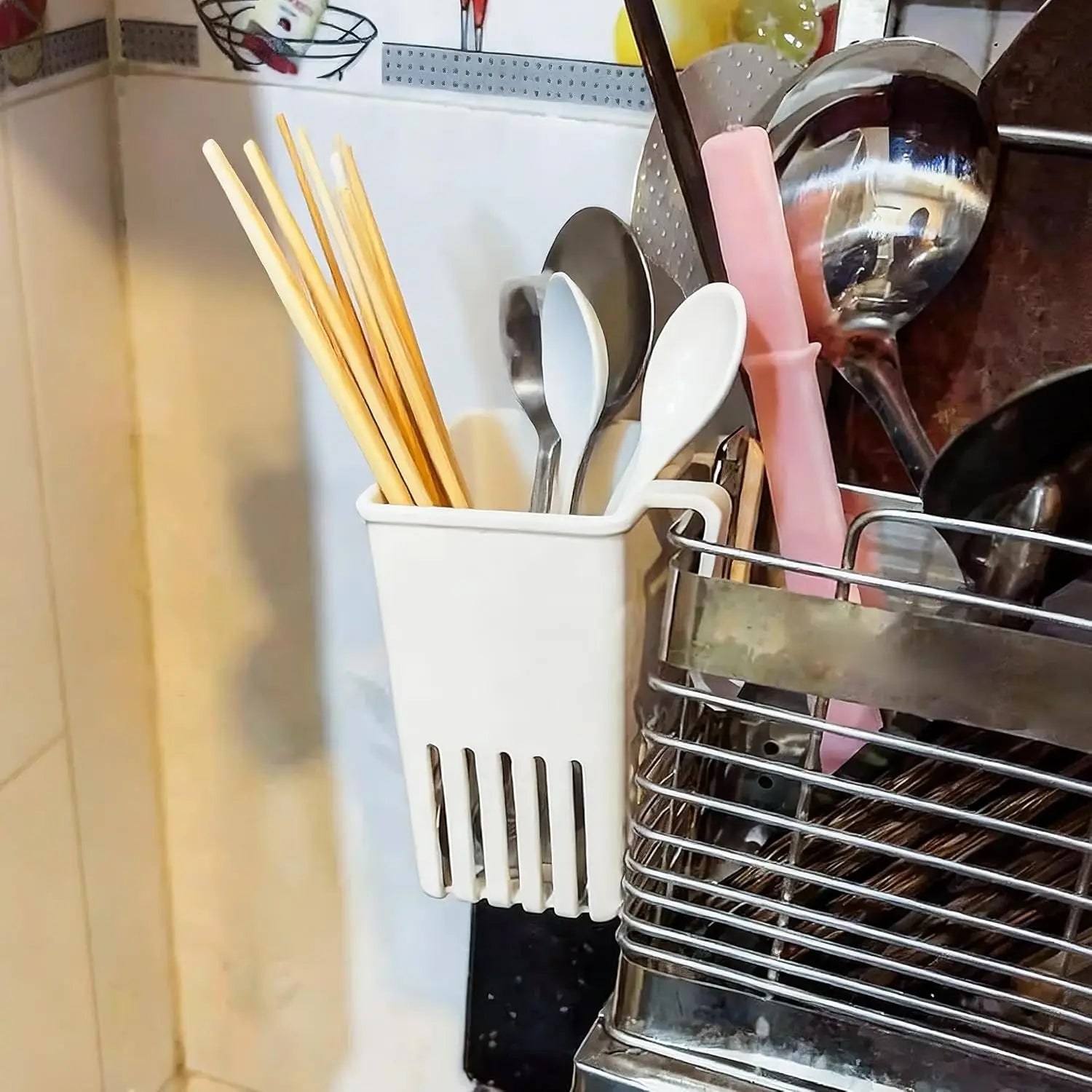 Cutlery Storage Rack with Cup Holder Kitchen Quick Drying Drain Basket, Drainer for Forks Spoons Chopsticks Countertop Organizer