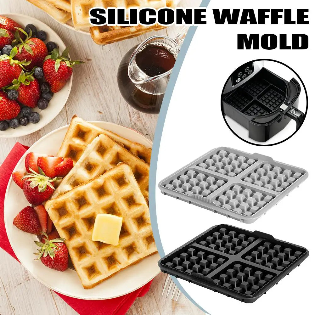 Air Fryer Silicone Waffle Mold, 17cm Square Non-Stick Baking Tray, Reusable 4-Cavity Silicone Mold for Waffles, Pancakes