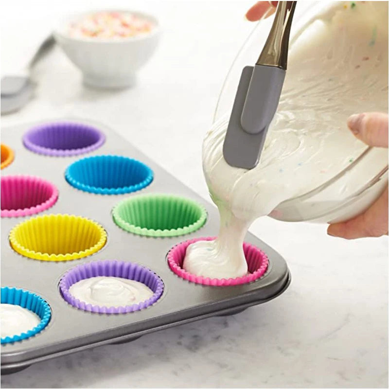 12Pcs Round Silicone Cake Mold, Reusable Air Fryer Muffin Pudding Cupcake Baking Molds, High-Temperature Resistant HPMD007
