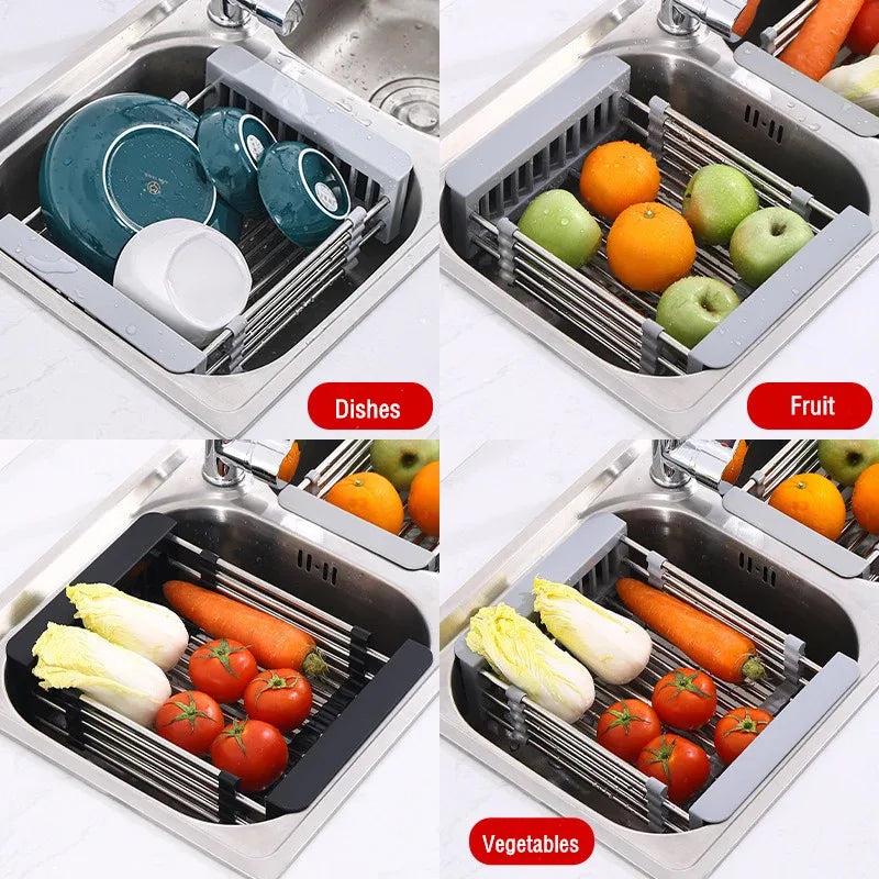 Kitchen Sink Drain Rack Stainless Steel Extendable Dish Drying Rack Drain basket Fruit Vegetable Washing Drainer Storage rack