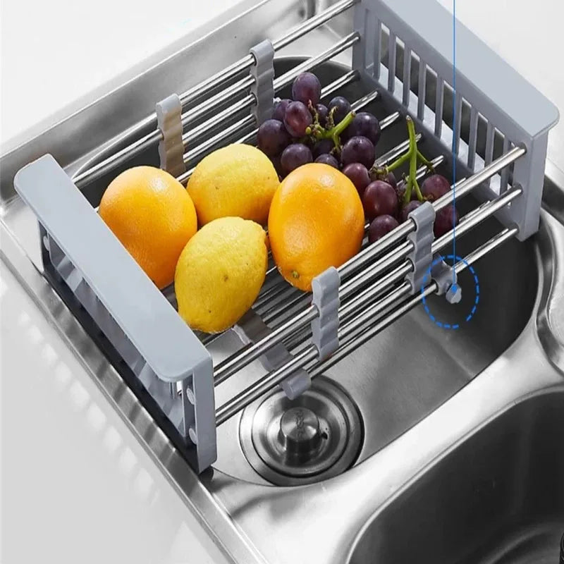 Kitchen Sink Drain Rack Stainless Steel Extendable Dish Drying Rack Drain basket Fruit Vegetable Washing Drainer Storage rack