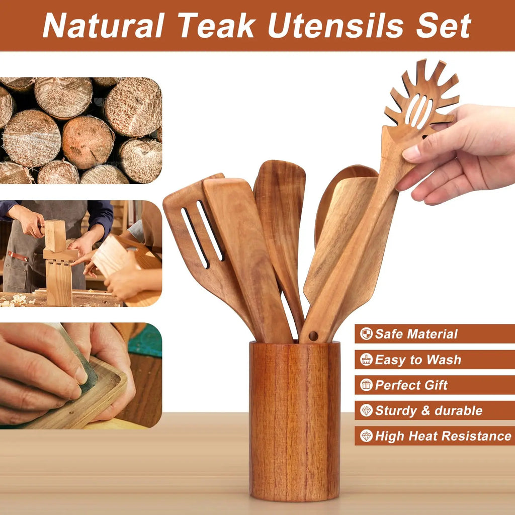 Kitchen 6/10 Pack Wooden Spoons for Cooking – Natural Teak Wooden Utensil Set, Easy to Clean, Durable, Smooth with Comfort Grip