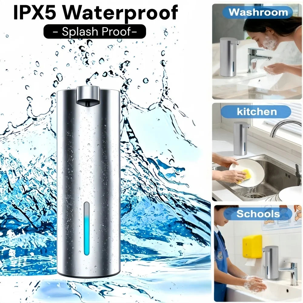Rechargeable Automatic Soap Dispenser 360ml Stainless Steel Touchless IR SensorFoam Liquid for Bathroom Kitchen IPX5 Waterproof