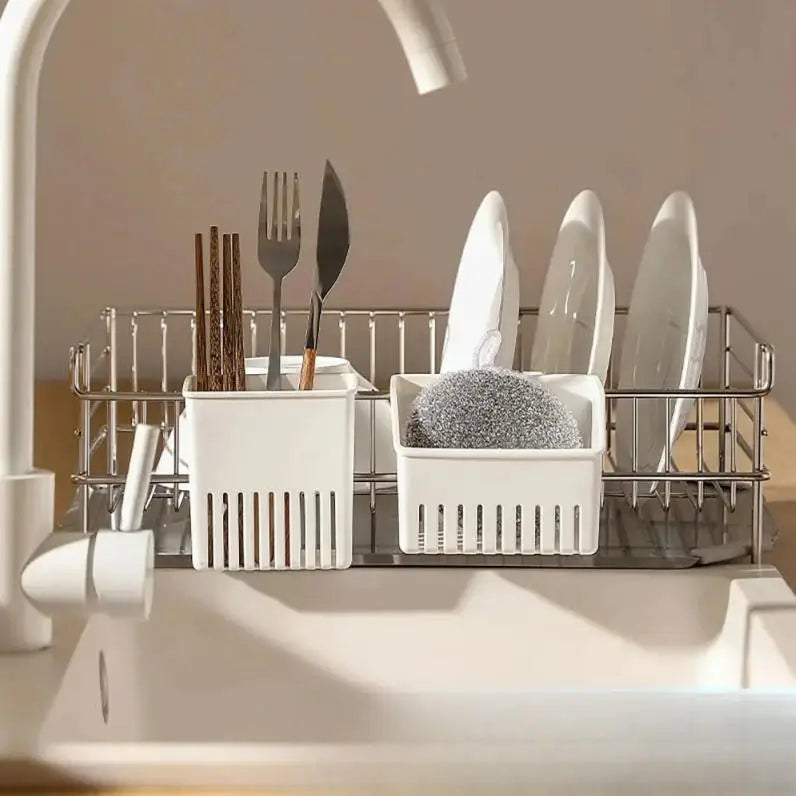 Cutlery Storage Rack with Cup Holder Kitchen Quick Drying Drain Basket, Drainer for Forks Spoons Chopsticks Countertop Organizer