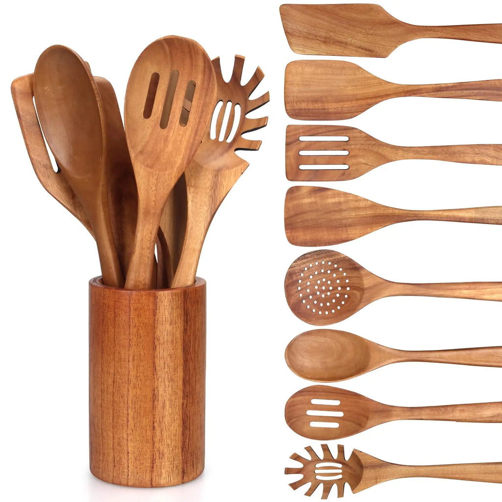 Kitchen 6/10 Pack Wooden Spoons for Cooking – Natural Teak Wooden Utensil Set, Easy to Clean, Durable, Smooth with Comfort Grip