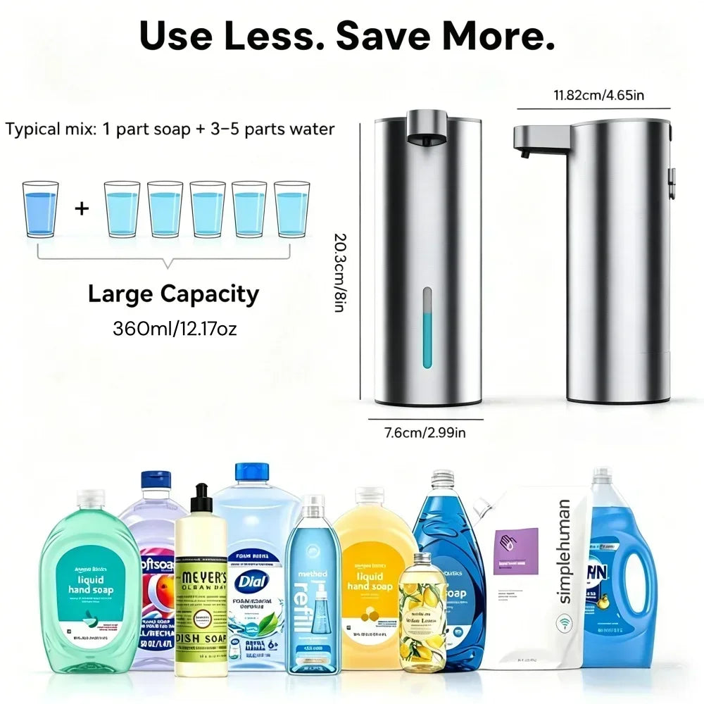 Rechargeable Automatic Soap Dispenser 360ml Stainless Steel Touchless IR SensorFoam Liquid for Bathroom Kitchen IPX5 Waterproof