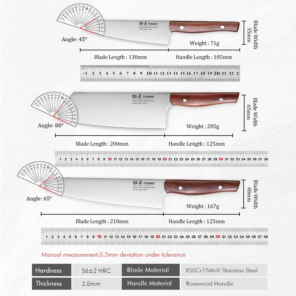 TURWHO 3PCS Kitchen Knives Set High Carbon X50Cr15MoV Stainless Steel Japanese Nakiri Cleaver Slicing Utility Chef Knife Sets