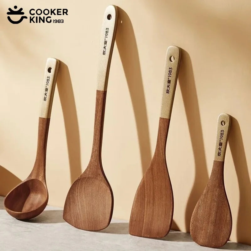 COOKER KING Ebony Wood Cooking Tools Set Non-stick Pan Spatula Soup Rice Spoon Frying Spatula Antibacterial Mildew Kitchen Tools