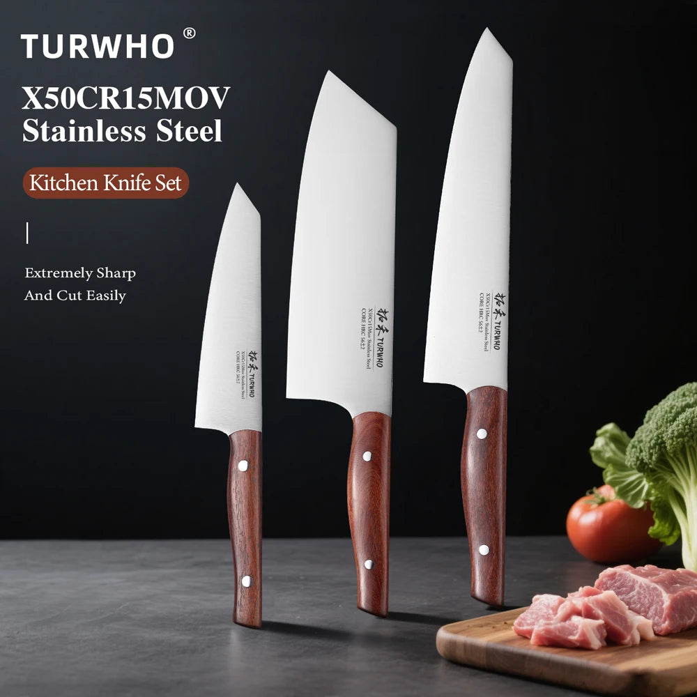 TURWHO 3PCS Kitchen Knives Set High Carbon X50Cr15MoV Stainless Steel Japanese Nakiri Cleaver Slicing Utility Chef Knife Sets