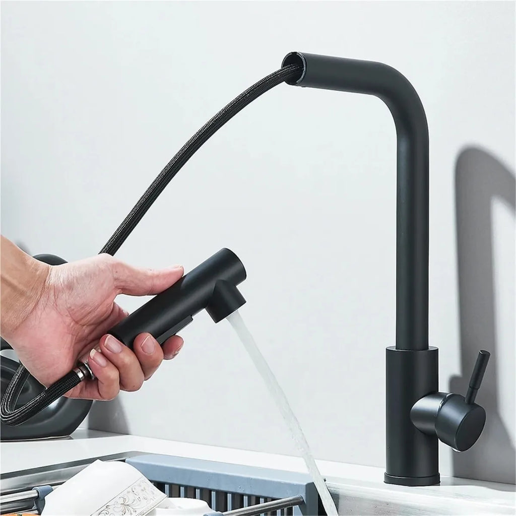 Black Pull Out Kitchen Sink Faucet Flexible 2 Modes Stream & Sprayer Nozzle Faucets Stainless Steel Hot Cold Wate Mixer Tap Deck
