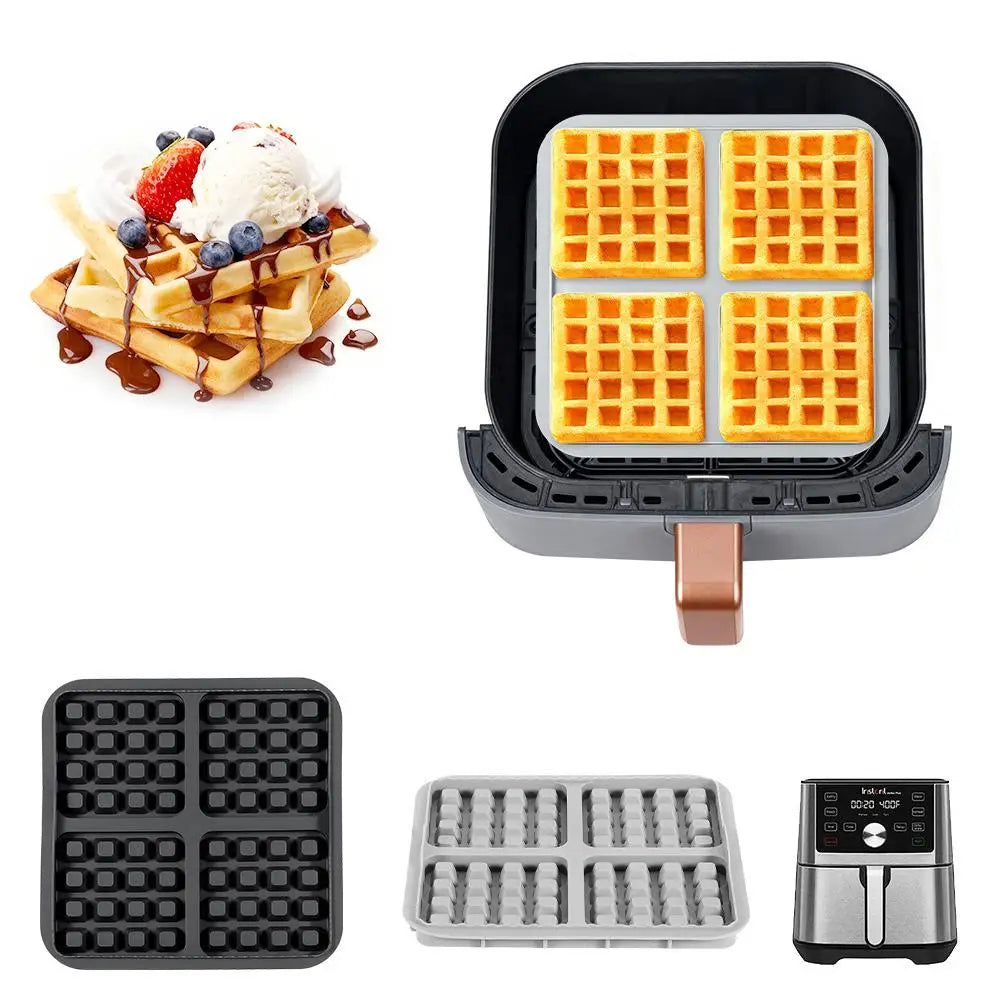 Air Fryer Silicone Waffle Mold, 17cm Square Non-Stick Baking Tray, Reusable 4-Cavity Silicone Mold for Waffles, Pancakes