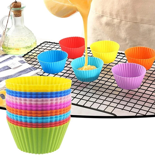 12Pcs Round Silicone Cake Mold, Reusable Air Fryer Muffin Pudding Cupcake Baking Molds, High-Temperature Resistant HPMD007
