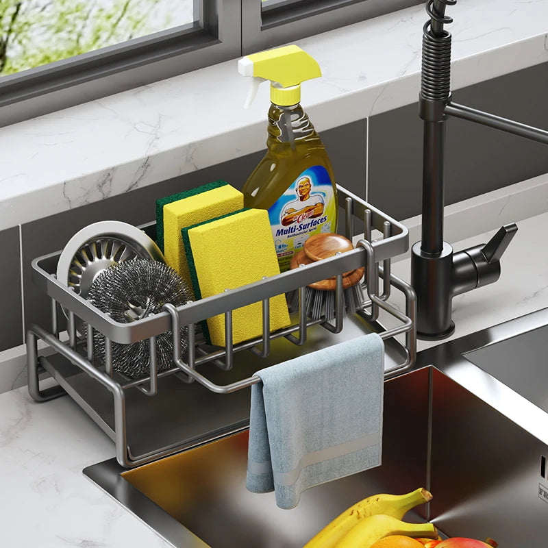 Kitchen Spice Storage Shelf with Drainage Rack, Installation Sink Organizer, Tap-Mounted Shelf for Home Kitchen Accessories