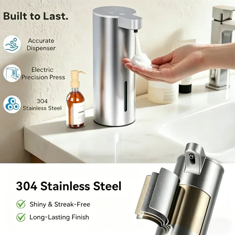 Rechargeable Automatic Soap Dispenser 360ml Stainless Steel Touchless IR SensorFoam Liquid for Bathroom Kitchen IPX5 Waterproof